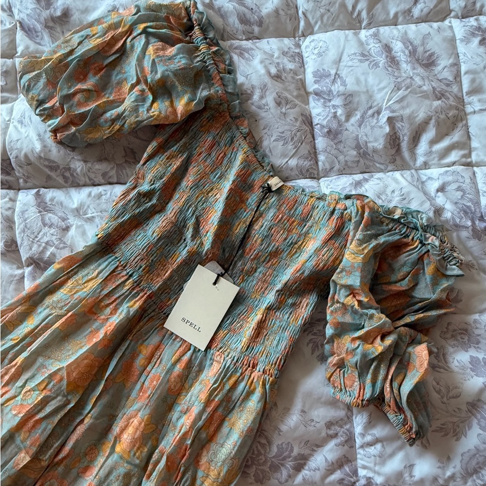 Spell Turquoise and Peach Midi Dress - Picture 3 of 7